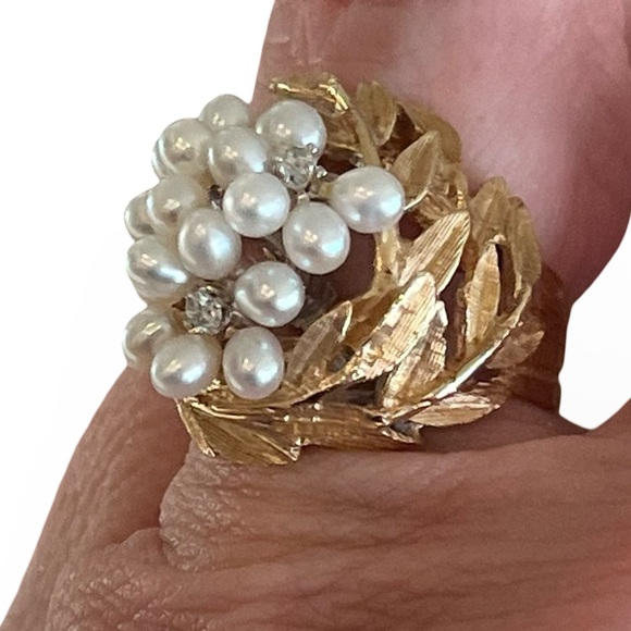 Mid-Century 14 K Solid Gold Seed Pearl Diamond Laurel Wreath Ring Size 6.5 - Picture 8 of 12
